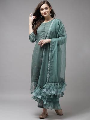 Indo Era Sea Green Embroidered Straight Kurta Trouser With Dupatta Set 1