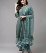 Indo Era Sea Green Embroidered Straight Kurta Trouser With Dupatta Set