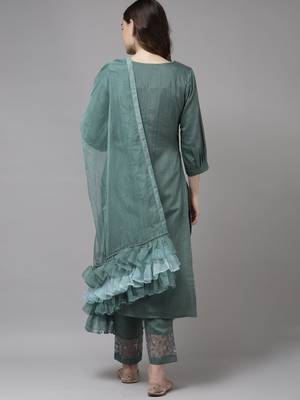 Indo Era Sea Green Embroidered Straight Kurta Trouser With Dupatta Set 2
