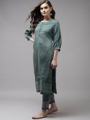 Indo Era Sea Green Embroidered Straight Kurta Trouser With Dupatta Set 3