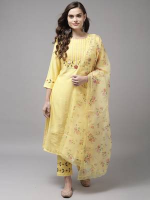 Indo Era Yellow Embroidered Straight Kurta Trouser With Dupatta Set 1