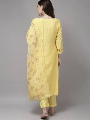 Indo Era Yellow Embroidered Straight Kurta Trouser With Dupatta Set 2