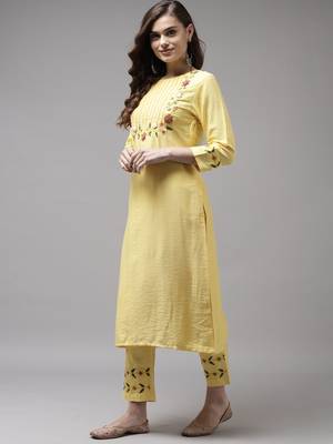 Indo Era Yellow Embroidered Straight Kurta Trouser With Dupatta Set 3