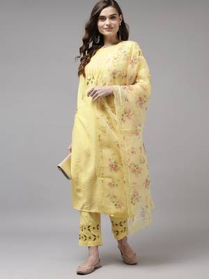 Indo Era Yellow Embroidered Straight Kurta Trouser With Dupatta Set 4