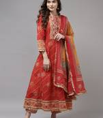 Indo Era Red Embroidered A-line Kurta Trouser With Dupatta Set