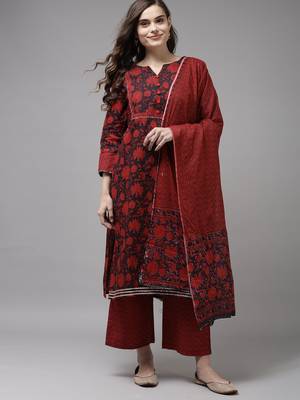 Indo Era Red Printed A-line Kurta Trouser With Dupatta Set 1