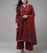 Indo Era Red Printed A-line Kurta Trouser With Dupatta Set
