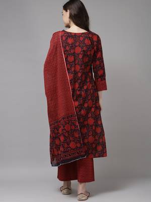Indo Era Red Printed A-line Kurta Trouser With Dupatta Set 2