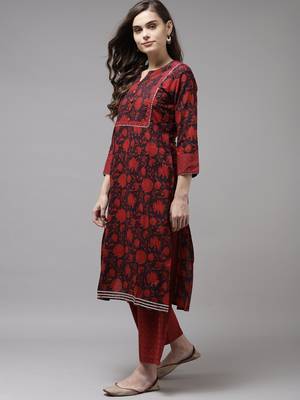 Indo Era Red Printed A-line Kurta Trouser With Dupatta Set 3