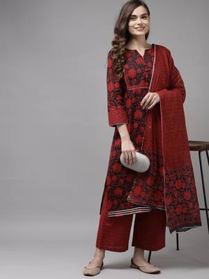 Indo Era Red Printed A-line Kurta Trouser With Dupatta Set 4