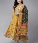 Indo Era Yellow Embroidered A-line Kurta Trouser With Dupatta Set