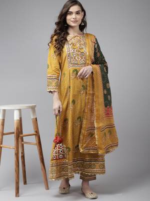 Indo Era Yellow Embroidered A-line Kurta Trouser With Dupatta Set 4
