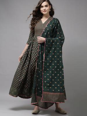 Indo Era Green Printed A-line Kurta Trouser With Dupatta Set 1