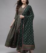 Indo Era Green Printed A-line Kurta Trouser With Dupatta Set