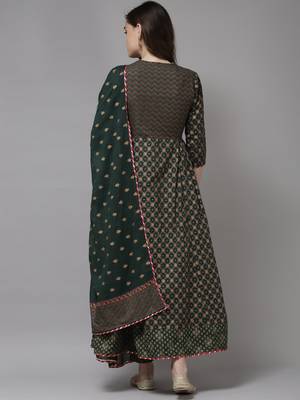 Indo Era Green Printed A-line Kurta Trouser With Dupatta Set 2