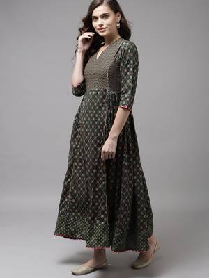 Indo Era Green Printed A-line Kurta Trouser With Dupatta Set 3