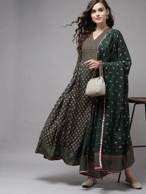Indo Era Green Printed A-line Kurta Trouser With Dupatta Set 4