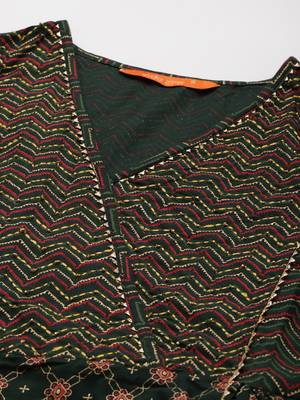 Indo Era Green Printed A-line Kurta Trouser With Dupatta Set 5
