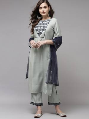 Indo Era Grey Embroidered Straight Kurta Trouser With Dupatta Set 1