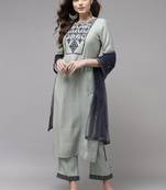 Indo Era Grey Embroidered Straight Kurta Trouser With Dupatta Set