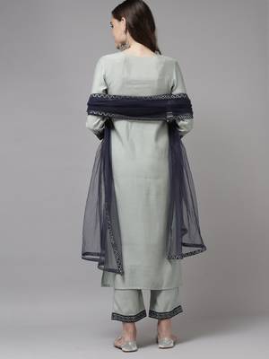 Indo Era Grey Embroidered Straight Kurta Trouser With Dupatta Set 2