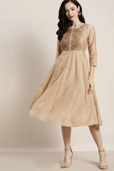 Beige Chanderi Embroidered Anarkali Dresses