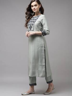 Indo Era Grey Embroidered Straight Kurta Trouser With Dupatta Set 3
