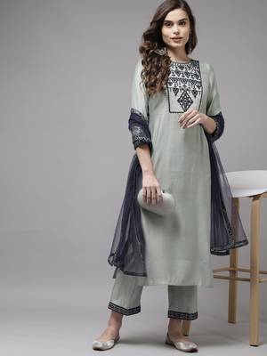 Indo Era Grey Embroidered Straight Kurta Trouser With Dupatta Set 4