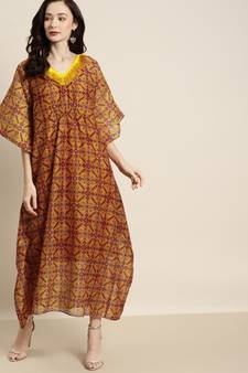 Mustard Patola Kaftan With Slip