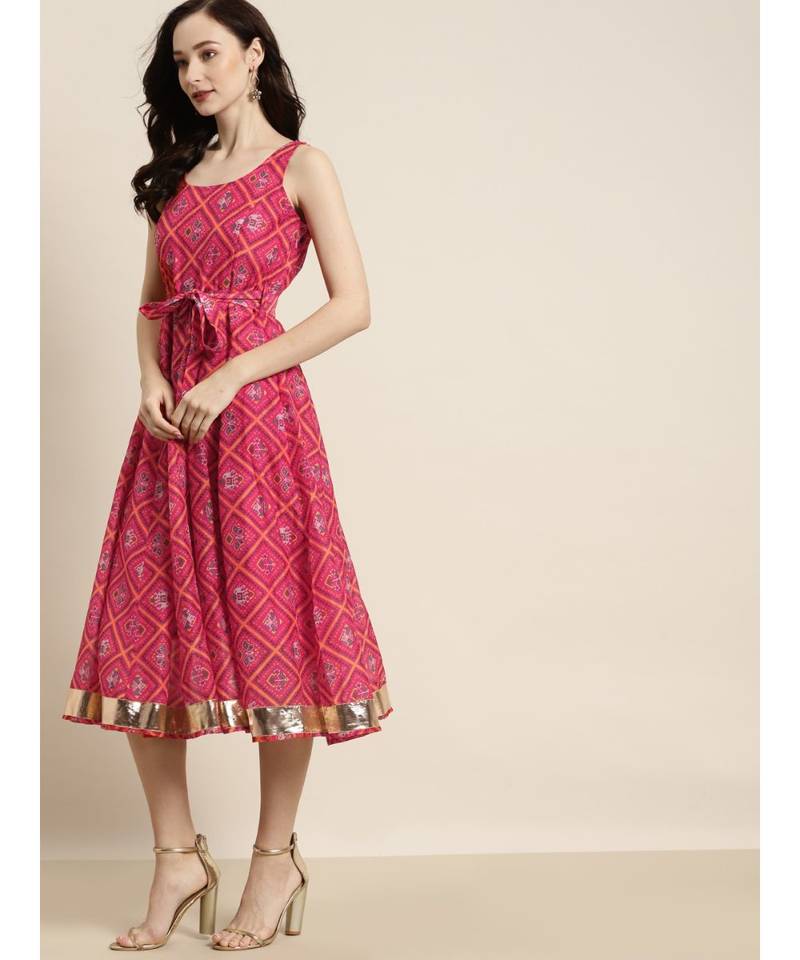 Pink Patola Sleeveless Anarkali Dresses SASSAFRAS 3789119