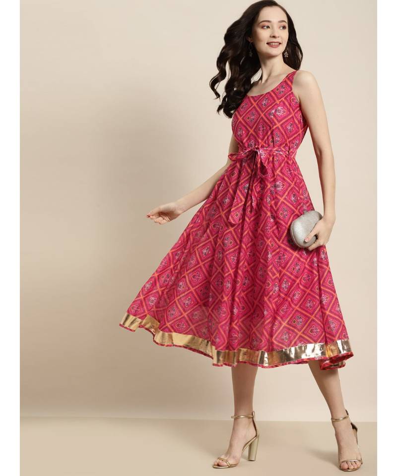 Pink Patola Sleeveless Anarkali Dresses SASSAFRAS 3789119