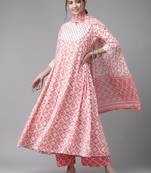 Indo Era Pink Embroidered A-line Kurta Trouser With Dupatta Set