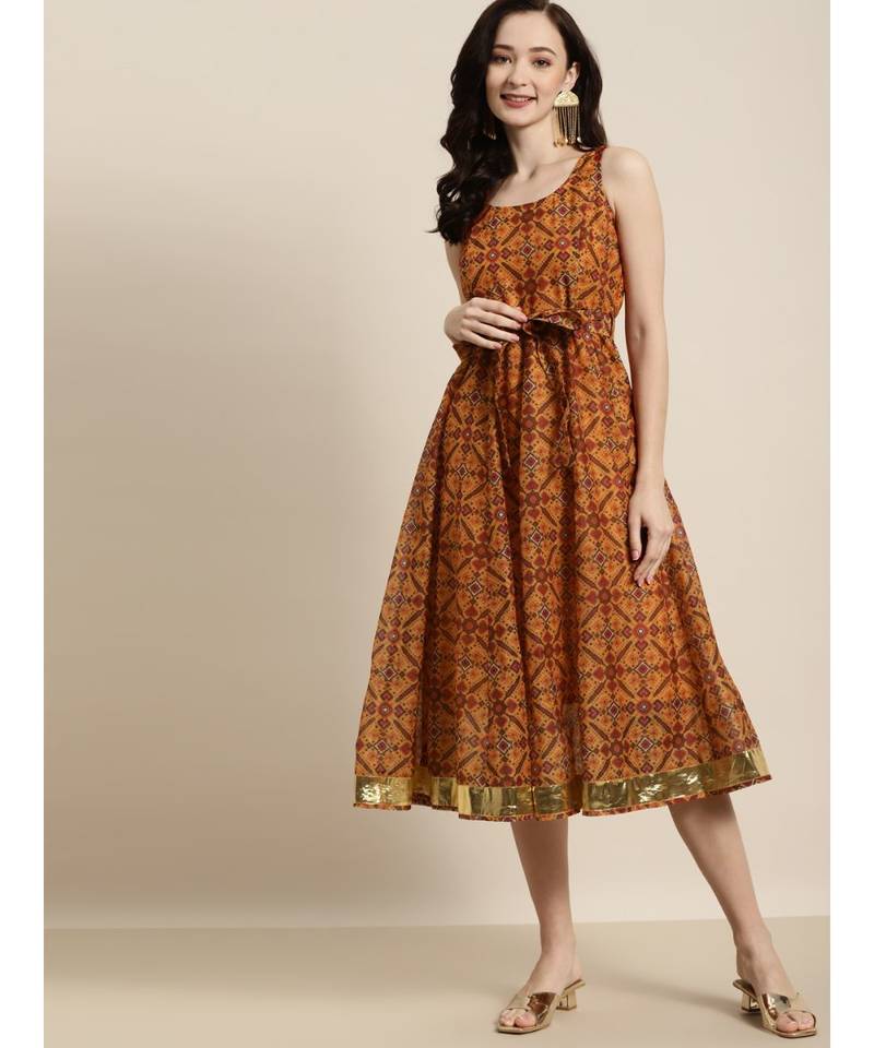 Mustard Patola Sleeveless Anarkali Dresses SASSAFRAS 3789120