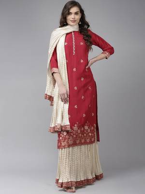 Indo Era Red Embroidered Straight Kurta Skirt With Dupatta Set 1