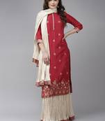 Indo Era Red Embroidered Straight Kurta Skirt With Dupatta Set