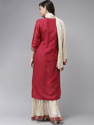 Indo Era Red Embroidered Straight Kurta Skirt With Dupatta Set 2