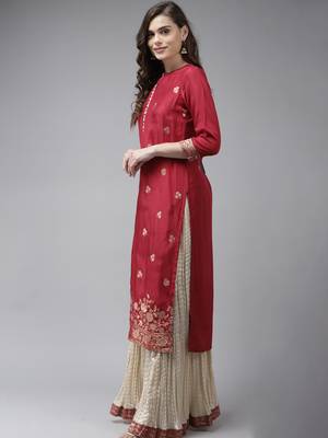 Indo Era Red Embroidered Straight Kurta Skirt With Dupatta Set 3