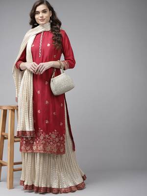 Indo Era Red Embroidered Straight Kurta Skirt With Dupatta Set 4