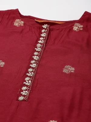 Indo Era Red Embroidered Straight Kurta Skirt With Dupatta Set 5