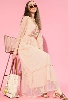 Nude Swiss Dot Mesh Tiered Maxi Dresses