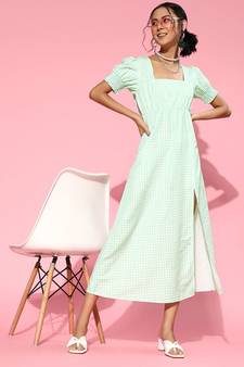 Green Gingham Check Square Neck Maxi Dresses