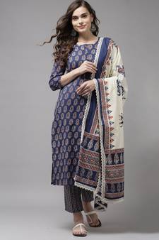 Indo Era Blue Printed A-line Kurta Trouser With Dupatta Set