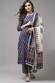 Indo Era Blue Printed A-line Kurta Trouser With Dupatta Set