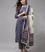 Indo Era Blue Printed A-line Kurta Trouser With Dupatta Set