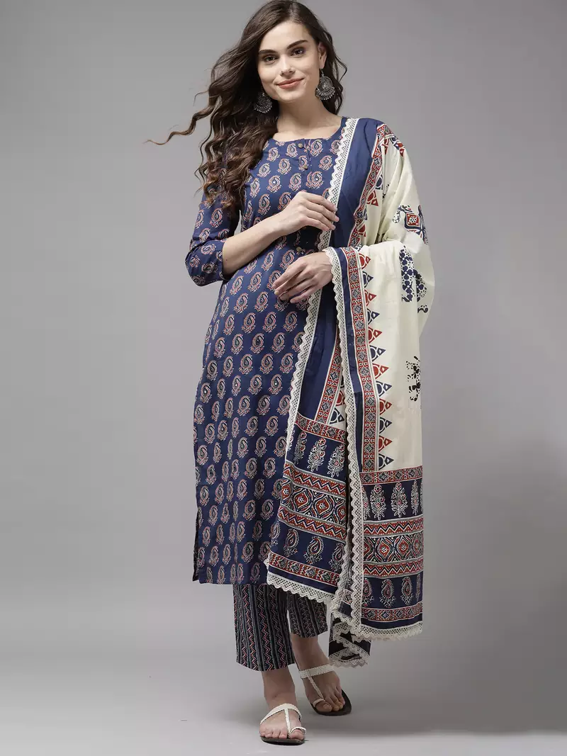 Indo Era Blue Printed A-line Kurta Trouser With Dupatta Set