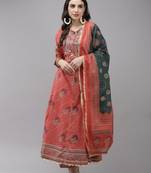 Indo Era Pink Embroidered A-line Kurta Trouser With Dupatta Set