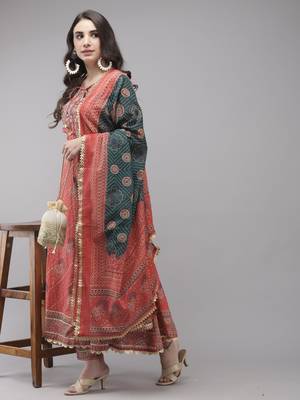 Indo Era Pink Embroidered A-line Kurta Trouser With Dupatta Set 4