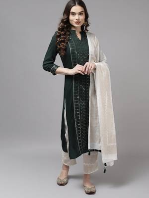 Indo Era Green Embroidered Straight Kurta Trouser With Dupatta Set 1
