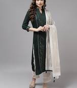 Indo Era Green Embroidered Straight Kurta Trouser With Dupatta Set