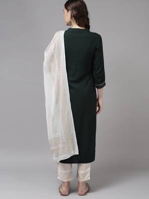 Indo Era Green Embroidered Straight Kurta Trouser With Dupatta Set 2